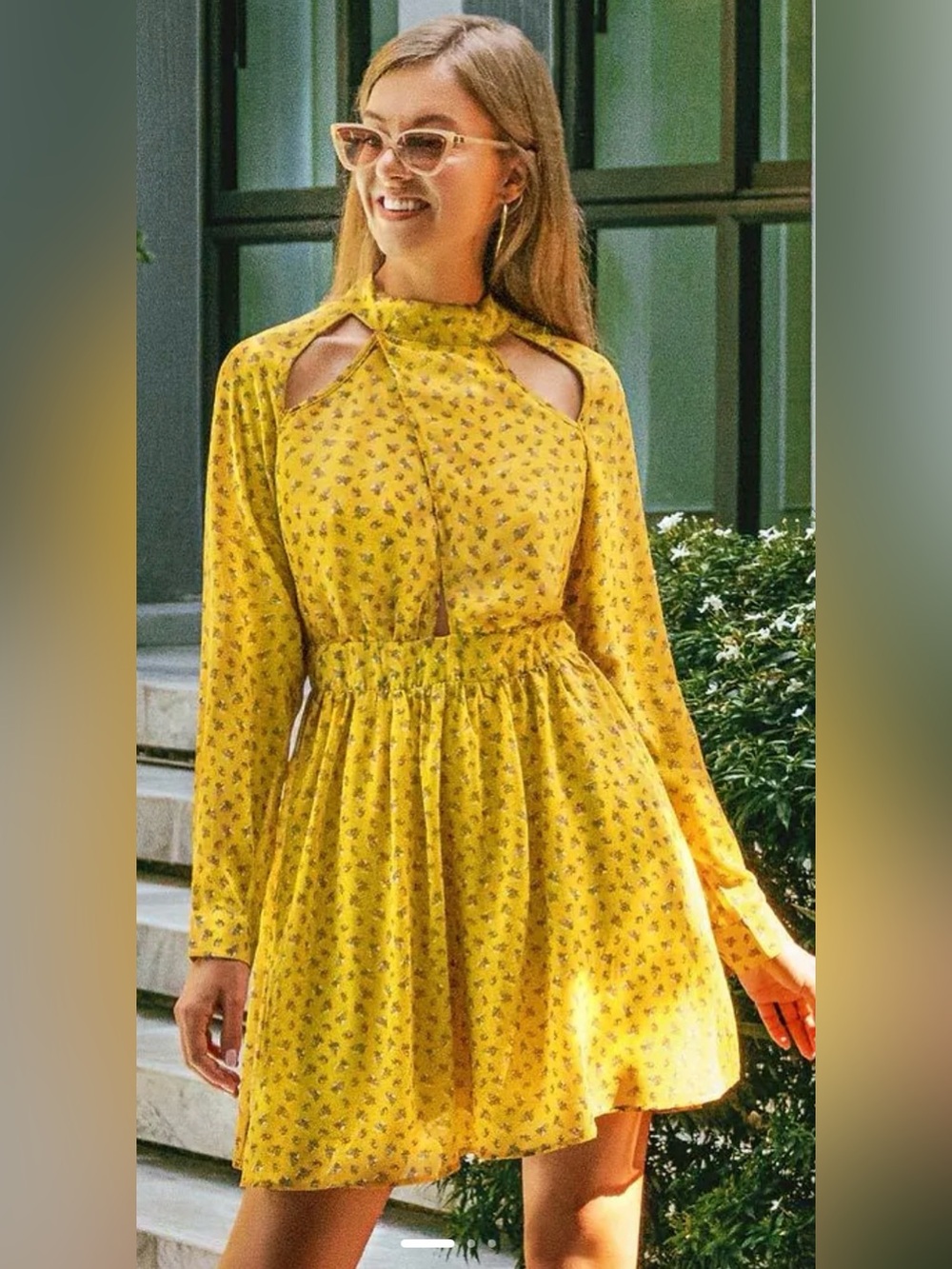 Cupshe Yellow Floral Long-Sleeve Cutout Waist Dress XS
